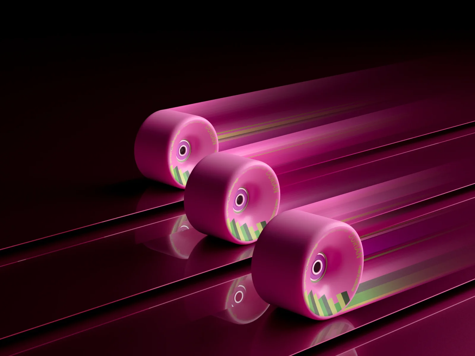 Three Orangatang Durian wheels racing along glossy rails with speed trails