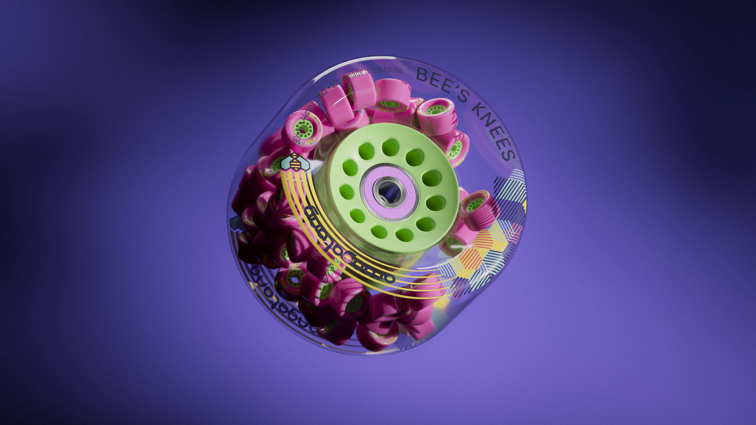 A clear Bee's Knees wheel filled with tumbling miniature wheels
