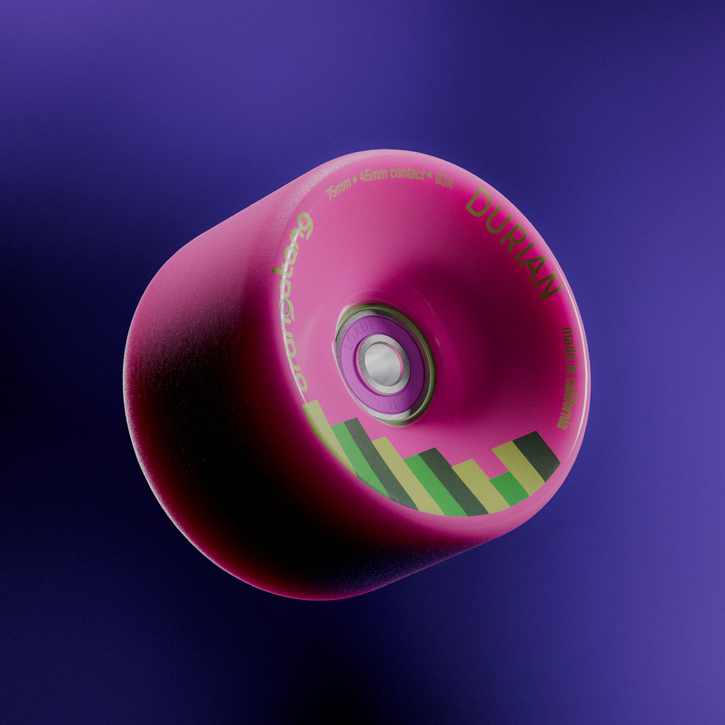 Assembled Durian wheel floating against a purple backdrop