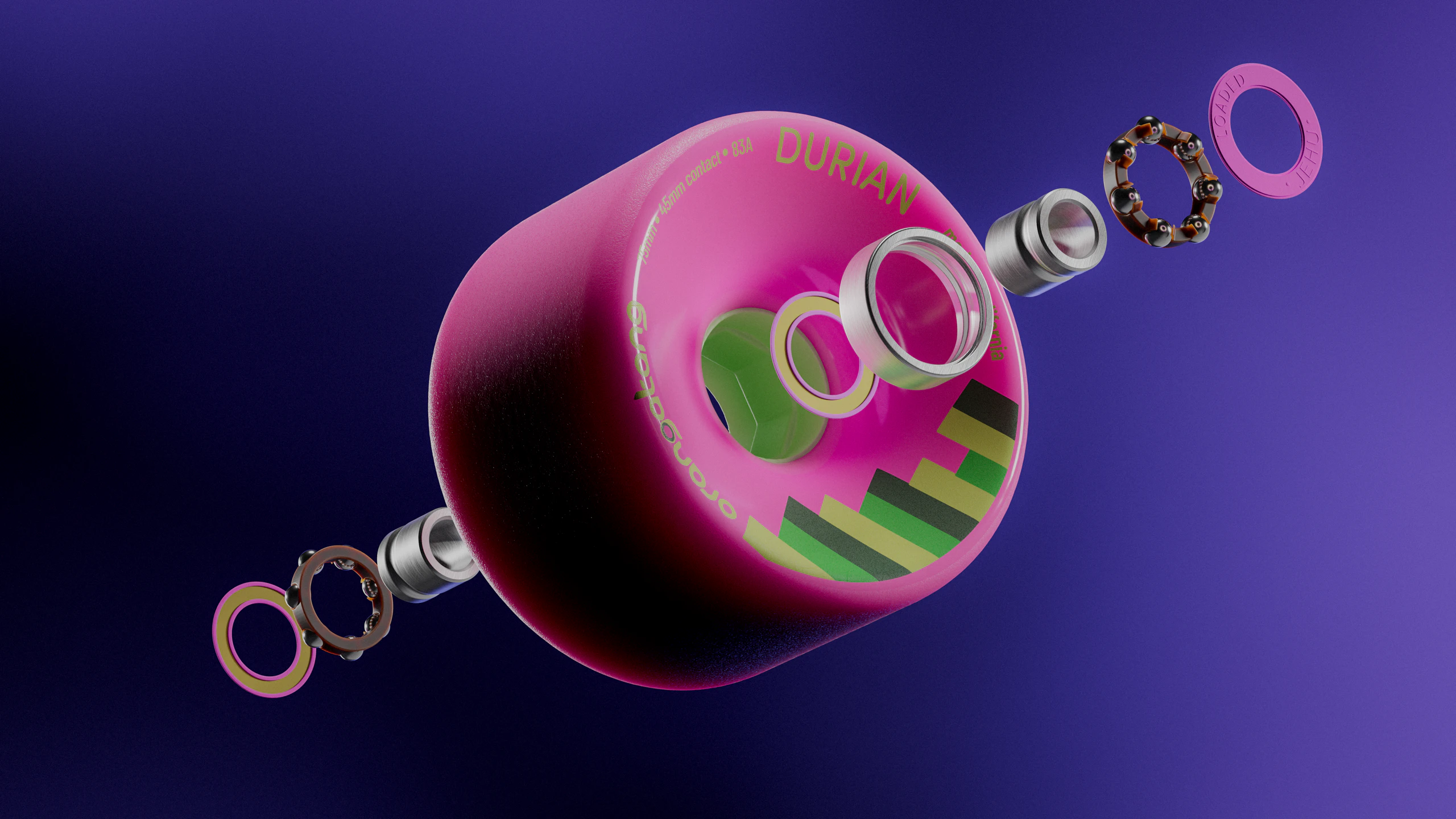 Exploded view of a Durian wheel with its bearings, spacer and washers floating apart