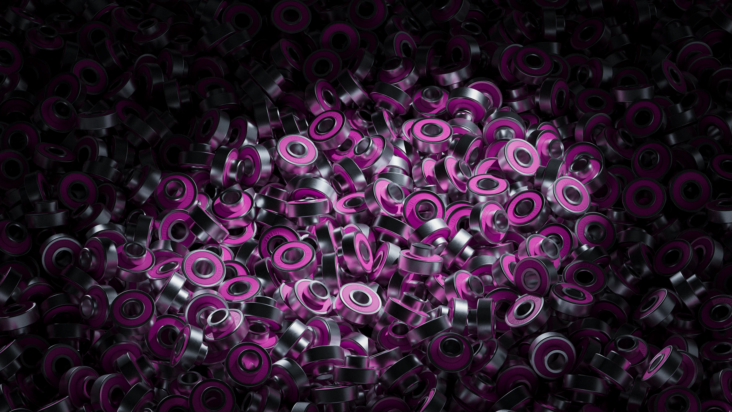 A field of pink and chrome Jehu bearings catching the light